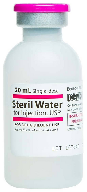 Therapeutic Class: Fluid For use as a simulated sterile diluent FOR INSTRUCTIONAL USE ONLY. NOT FOR HUMAN OR ANIMAL USE, Demo Dose® Steril Water for Injections, Two Volume Options (For Training Purposes Only)