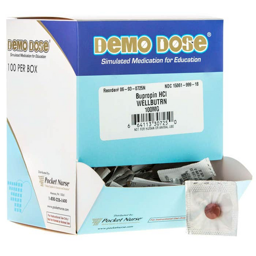 Therapeutic Classification: Antidepressant Type: Tablets Dosage: 100 mg, Demo Dose® Bupropin HCI (Wellbutrn) 100mg - 100 Pills/Box (For Training Purposes Only)