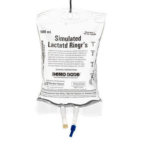 Teach all aspects of IV fluid administration in the simulation lab with the Demo Dose® collection of Simulated IV Fluids.

Solutions contain water
Available in the most popular IV fluid types
Sold individually
Item: Lactd Ringrs
Volume: 1,000 mL