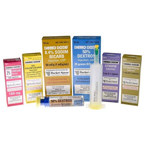 Stock a crash cart for code scenarios with the Demo Dose Code Bundle I, including one of each of the following:
Lidocain 2% 5 mL syringe (06-93-1101)
Atropin 0.1 mg/mL 10 mL syringe (06-93-1102)Dextros 50% 50 mL syringe (06-93-1109