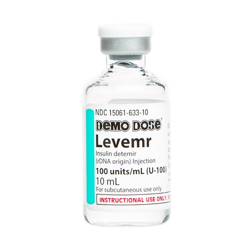Demo Dose® Levemr 100 units/ 10mL (For Training Purposes Only), Therapeutic Class: Antidiabetic Volume: 10 mL Strength: 1,000 units/10mL Used to instruct students about this long-acting form of insulin and its use with other insulin treatments.