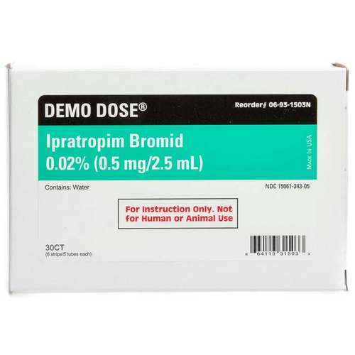 Demo Dose® Simulated Ipratropium Bromide 0.02% (For Training Purposes Only), Therapeutic Class: Bronchodilator Volume: 2.5 mL Strength: 0.5 mg/2.5 mL 30 units/box (6 strips of 5)