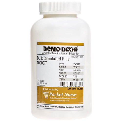 Demo Dose® Tablet White Medium Round Scored- 1000 Pills/Jar (For Training Purposes Only), Type: Scored Tablet Color: White Size: Medium Shape: Round Quantity: 1,000/Jar