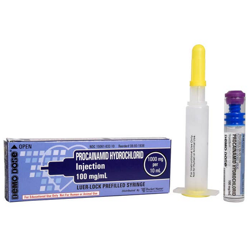 Demo Dose® Procainamid Hydrochlorid Prefilled Luer Lock Syringe (For Training Purposes Only), Needle-free, pre-filled syringe Simulated medication contained in glass cartridge Two-part syringe Compatible with most Luer-type accessories Color-coded packaging with standard industry colors for quick, reliable identification Box is standard industry size Complies with Needlestick Safety and Prevention Act from OSHA