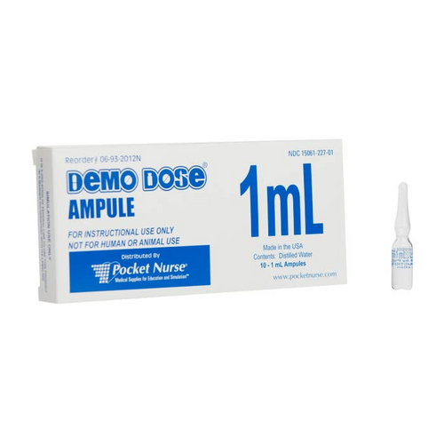 Teach the proper handling and opening of medical ampules.  Volume: 1 mL Color: Clear 10/Pack, Demo Dose® Clear Ampule, 1mL (For Training Purposes Only)