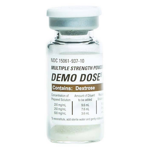 Designed to teach calculation of different strengths from a single vial based on a prescriber order.  Strength: 2g/10mL 10mL vial with yellow powder Reconstitutes to a yellow color to provide students with visual confirmation in syringe Reconstitute powder using the Demo Dose® 10mL water vial (06-93-3113, sold separately) Contains dextrose