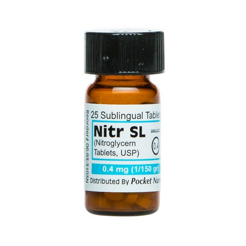 Teach administration of this vasodilator. Used to treat angina (chest pain or pressure).  Therapeutic Classification: Vasodilator Strength: 0.4 mg 25/Bottle