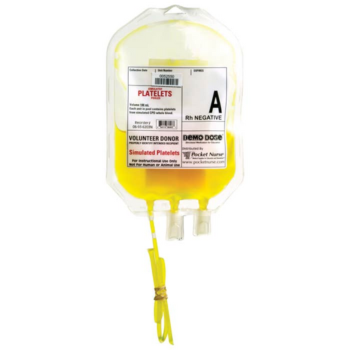 Teach the proper administration of platelets. Used to reduce the risk of serious or life-threatening bleeding.  Simulated platelets Type: A Rh Negative