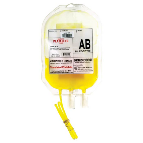 Teach the proper administration of platelets. Used to reduce the risk of serious or life-threatening bleeding.

Simulated platelets
Type: AB Rh Positive