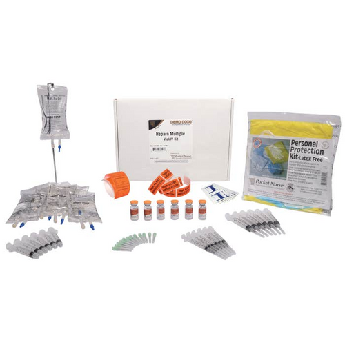 Demo Dose® Heparn Multiple Vial/IV Kit (For Training Purposes Only), Teach students to prepare simulated multiple "high alert" heparin doses, using multiple concentrated vials. Kit includes personal protection equipment, teaching materials, and supplies to practice preparation of six different IV bag doses for delivery.