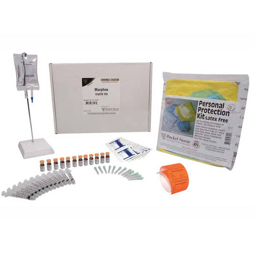 Teach students to prepare a Morphin IV, using aseptic technique and multiple vials. Kit includes personal protection equipment, teaching materials, and supplies to prepare 100 mg/100 mL dose for delivery.