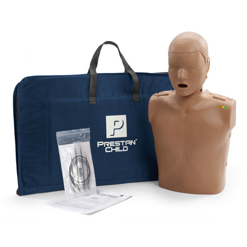 Professional Child CPR-AED Training Manikin (Single) by PERSTAN Products. Available with or without CPR Monitor. Includes 10 Face-Shield Lung Bags, Instruction Sheet, and Nylon Carrying Case. Weight: 6 lbs. 3-year manufacturer's warranty. Not made with natural rubber latex. CPR Monitor requires two "AA" batteries (not included).