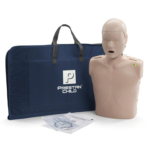 Professional Child CPR-AED Training Manikin (Single) by PRESTAN Products. Available with or without CPR Monitor. Includes 10 Face-Shield Lung Bags, Instruction Sheet, and Nylon Carrying Case. Weight: 6 lbs. 3-year manufacturer's warranty. Not made with natural rubber latex. CPR Monitor requires two "AA" batteries (not included).