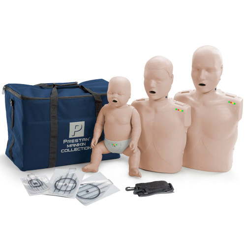 PRESTAN Collection CPR-AED Training Manikins with CPR Monitors. Includes 1 Adult, 1 Child, and 1 Infant Manikins with CPR Monitors, 10 Adult, 10 Child, and 10 Infant Face-Shield Lung Bags, and a Nylon Carrying Case. 3-year manufacturer's warranty. Not made with natural rubber latex. Each CPR Monitor requires two "AA" batteries (not included).