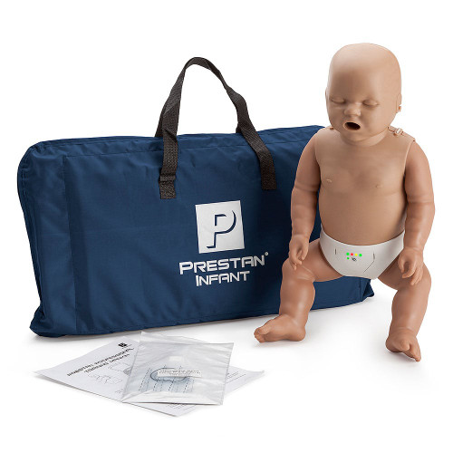 Professional Infant CPR-AED Training Manikin (Single) by PRESTAN Products. Available with or without CPR Monitor. Includes 10 Face-Shield Lung Bags, Instruction Sheet, and Nylon Carrying Case. Weight: 6 lbs. 3-year manufacturer's warranty. Not made with natural rubber latex. CPR Monitor requires two "AA" batteries (not included).