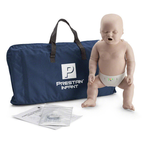 Professional Infant CPR-AED Training Manikin (Single) by PRESTAN Products. Available with or without CPR Monitor. Includes 10 Face-Shield Lung Bags, Instruction Sheet, and Nylon Carrying Case. Weight: 6 lbs. 3-year manufacturer's warranty. Not made with natural rubber latex. CPR Monitor requires two "AA" batteries (not included).