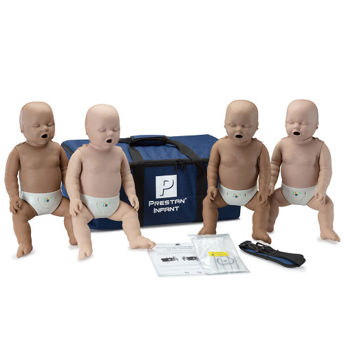 PRESTAN® Professional Infant Diversity Kit CPR-AED Training Manikins with CPR Monitors. Includes two Infant Medium Skin Tone Manikins with CPR Monitors, two Infant Dark Skin Tone Manikins with CPR Monitors, 50 Face-Shield Lung Bags, Instruction Sheet, and Nylon Carrying Case. 3-year manufacturer's warranty. Not made with natural rubber latex.