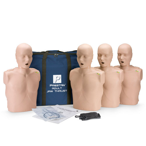 Professional Adult Medium Skin CPR/AED/Jaw Thrust Training Manikin (4-Pack) by PERSTAN Products. Available with or without CPR Monitor. Includes 50 Face-Shield Lung Bags and Nylon Carrying Case. 3-year manufacturer's warranty. Not made with natural rubber latex. Each CPR Monitor requires two "AA" batteries (not included).