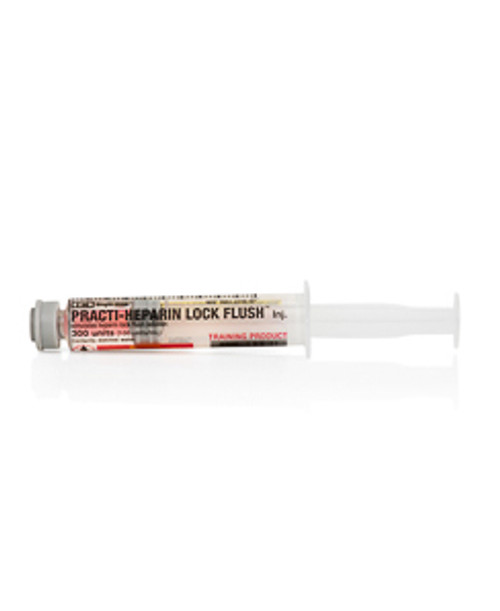Wallcur's Practi-Heparin Lock Flush 3 mL Syringe™ is a 10 mL syringe with 3 mL of pre-filled distilled water. Our Practi-Heparin Lock Flush 3 mL Syringe simulates a 100 unit/mL heparin lock flush, and is safe for manikins and simulators that accept liquid injection per the manufacturer's guidelines.