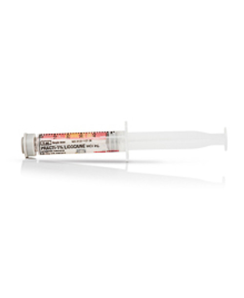 Practi-Lidocaine™ 1% 5 mL syringe for clinical training, simulates 10 mg/mL lidocaine 1% (pediatric dosage) in a prefilled syringe. Each syringe contains distilled water, and is clearly marked and bar coded for easy identification and verification. The syringe has a luer top that fits entry ports into IV tubing or to attach to companion needles for a more complete practice.