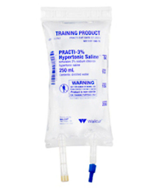 Practi-3% Hypertonic Saline™ 250 mL I.V. Solution Bag for clinical training, simulates a 3% hypertonic saline 250 mL I.V. Solution Bag, often used in Tactical Combat Casualty Care (TCCC.).