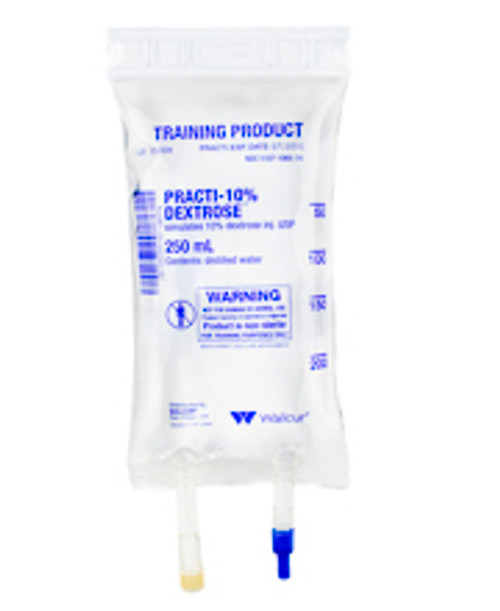 Practi-10% Dextrose™ 250 mL IV Solution Bag for clinical training, simulates a 250 mL IV bag of 10% dextrose in normal saline.