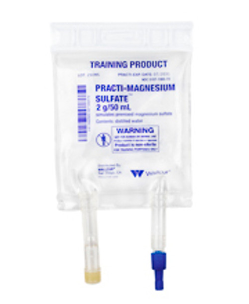 Practi-Magnesium Sulfate™ 50 mL IV Solution Bag for clinical training, simulates 2 g/50 mL (premixed) Magnesium Sulfate™ in a 50 mL IV Solution Bag.