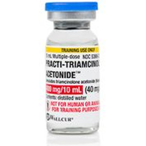 Practi-Triamcinolone Acetonide™ 400 mg/10 mL Vial for training. Wallcur's Practi-Triamcinolone Acetonide simulates the corticosteroid triamcinolone acetonide (Kenalog®) used for the treatment of joint pain, swelling and stiffness in inflammatory disorders such as rheumatoid arthritis.