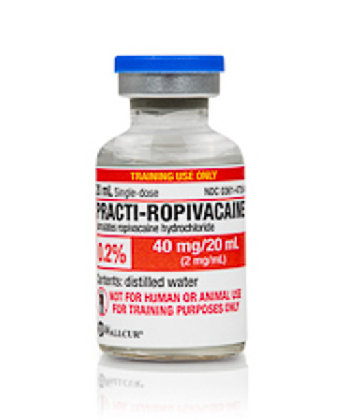 Practi-Ropivacaine™ 20 mL Vial for clinical training. Wallcur's Practi-Ropivacaine™ 40 mg/20 mL vial simulates ropivacaine (Naropin®), is filled with distilled water and is safe for use with manikins or task trainers. Teach your students the sterile techniques of large vial handling, air replacement, dosage aspiration and needle withdrawal of a common anesthetic used for numbing an area of the body to relieve pain before, during, or after surgery, or to generally control pain.