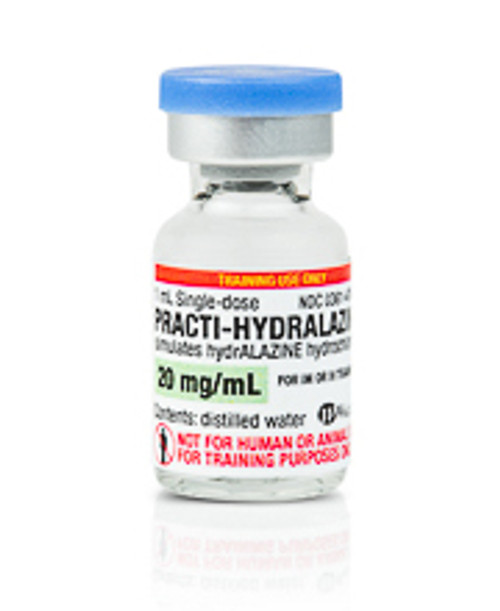 Practi-Hydralazine™ for clinical training simulates 20 mg/1 mL of hydralazine (Apresoline®) in a 1 mL vial. Provide your students with the most realistic and authentic practice necessary to master the skill of hydralazine drug calculation and administration. In addition to being one of the most difficult-to-handle vial sizes, your students are now able to practice a variety of clinical scenarios related to this vasodilator used to treat high blood pressure. Contents: distilled water. Manikin safe.