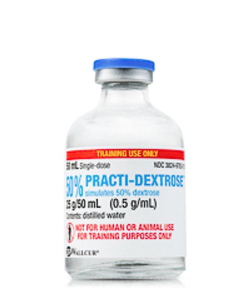 Wallcur's Practi-Dextrose 50% (25 g/50 mL) vial is filled with distilled water and is safe for use with Manikins as a simulated version of the large vials often used in nursing, EMS and pharmacy programs.