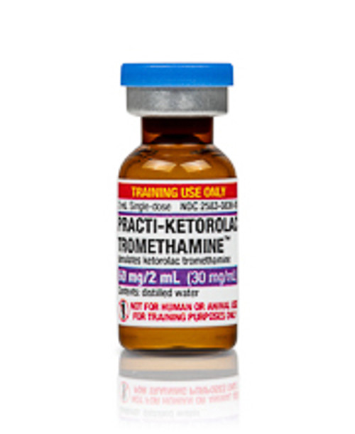 Practi-Ketorolac Tromethamine™ for clinical training is a 2 mL glass tint vial filled with distilled water. This teaching aid perfectly simulates 60 mg/2 mL of the light-sensitive nonsteroidal anti-inflammatory drug ketorolac tromethamine (Toradol®) used to treat moderate to severe pain and inflammation.