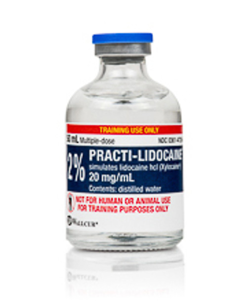 Practi-Lidocaine 2%™ for clinical training, simulates Lidocaine 2% (Xylocaine 2%®) 1,000 mg/50 mL in a 50 mL vial, a medication used parenterally as a local anesthetic agent. Practi-Lidocaine 2% vials are filled with distilled water and are safe for use with manikins.