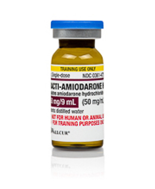 Practi-Amiodarone HCl™ for clinical training. Practi-Amiodarone HCl™ 450 mg/9 mL (50 mg/mL) is a 10 mL tint vial simulating the antiarrhythmic drug amiodarone used to treat heart rhythm problems. Contains distilled water. Manikin safe.