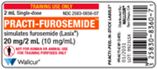 Practi-Furosemide™ Peel-N-Stick Labels for clinical training. Each Label simulates 20 mg/2 mL of the real drug Furosemide (Lasix®), a commonly used diuretic. Practi-Peel-N-Stick Labels can be quickly and easily applied to the Wallcur's Practi-Vial™ 2 mL Tint to instantly change the drug and dosage.