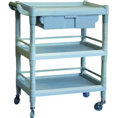 Plastic Utility Carts  Plastic composition Multi-swivel locking castors Easy to assemble Options  Three shelves only Three shelves and one drawer available