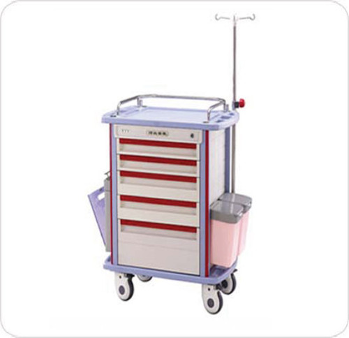 EMS Crash Carts  F-45-1  5 locking drawers Central lock system Includes CPR board and built-in telescopic IV pole  Sharps container holder Oxygen tank holder 5" noiseless locking castors with breaks Slide-out stainless steel shelf, plastic top surface, and stainless steel top rail