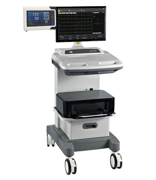 MT-1000 Workstation With SE-1515 ECG System  Resting & Stress ECG System  ECG, Data Management System and Gateway, all-in-one Workstation MT-1000 PC Trolley 21" high resolution TFT color display Supports wired or wireless sampling box Built-in Glasgow Algorithm User-friendly on-screen diagnosis operation Automatic arrythmia detection and indication HL7/DICOM protocol to bi-directionally communicate with EMR/PACs Tango Blood Pressure monitor is optional. Printer shown in the picture is not included