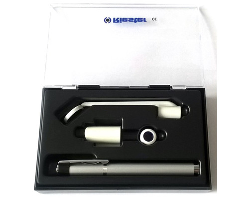 The Ri-light® Set includes the Fortelux® N Silver Penlight, a Laryngeal Mirror, a Tongue Blade Holder, a Red Open Filter, and 2 AAA Batteries for the Penlight. It all comes in a sturdy Plastic Case. This Diagnostic Set is a great option for students. It made in Germany and comes with a 2 year warranty.