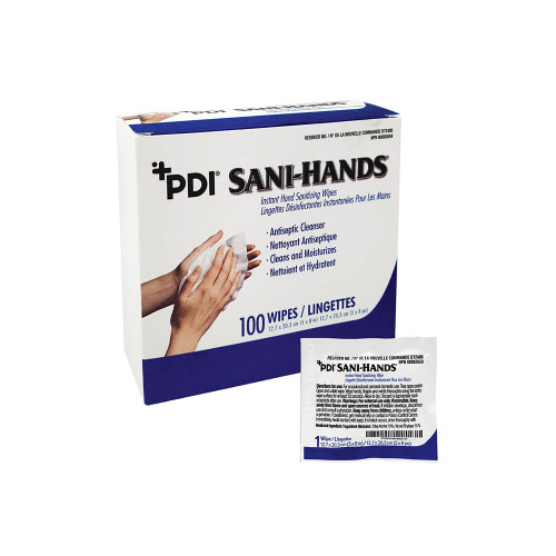 DI SANI-HANDS Sanitizing Wipes, 

Easily wash your hands on-the-go
Clinically proven to kill 99.99% of germs
Box contains 100 individually wrapped 5″ x 8″ wipes
Contains soothing Aloe and Vitamin E to moisturize the skin