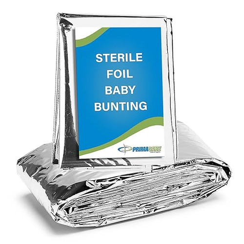 Primacare sterile foil baby bunting is specifically designed to retain the body heat of babies and infants. Hooded mylar foil baby bunting with adjustable adhesive closure to preserve newborns' body heat during transport anywhere. On the emergency survival situation, and to preserve newborns' body heat during transport to the hospital or at home.
