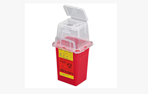 BD® Phlebotomy Sharps Container 1.5 qt, hinge cap with needle ports, red