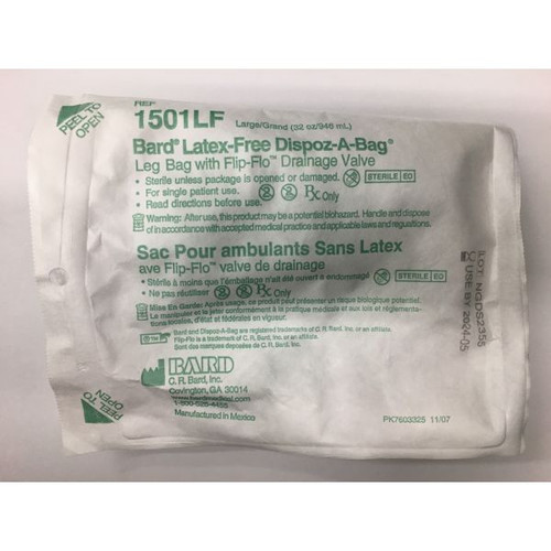 Bard 1501LF Latex-Free Dispoz-A-Bag Leg Bag with Flip-Flo Drainage Valve Sterile Large 32 oz