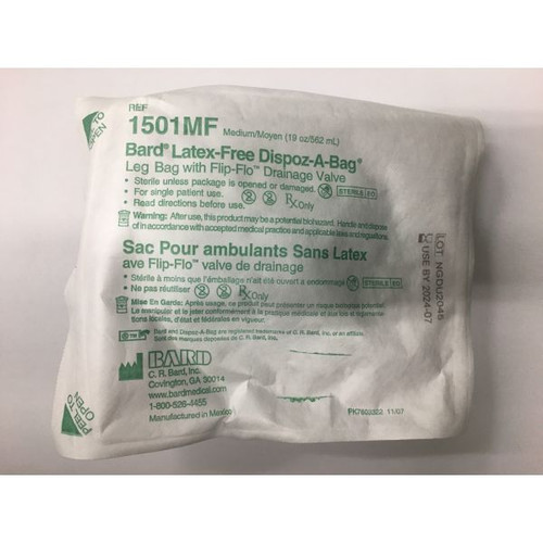  Bard 1501MF Latex-Free Dispoz-A-Bag Leg Bag with Flip-Flo Drainage Valve Sterile Medium 19 oz