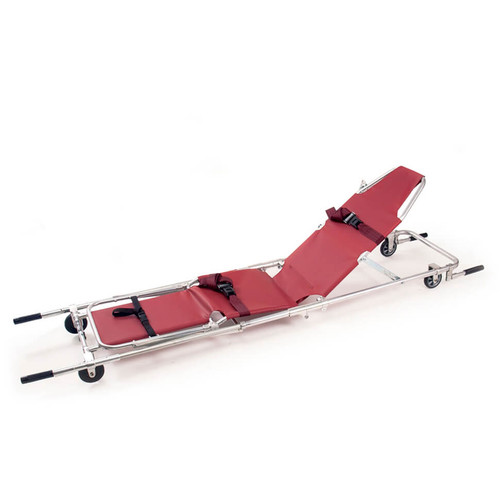 The Model 107-C Stair Chair is designed to serve as a wheeled chair, a stair chair, and a flat stretcher, and it allows you to quickly and easily switch from one position to another. Both ends feature 2 carrying handles and two 4-inch wheels. The stretcher position features an adjustable backrest. Includes patient restraints.