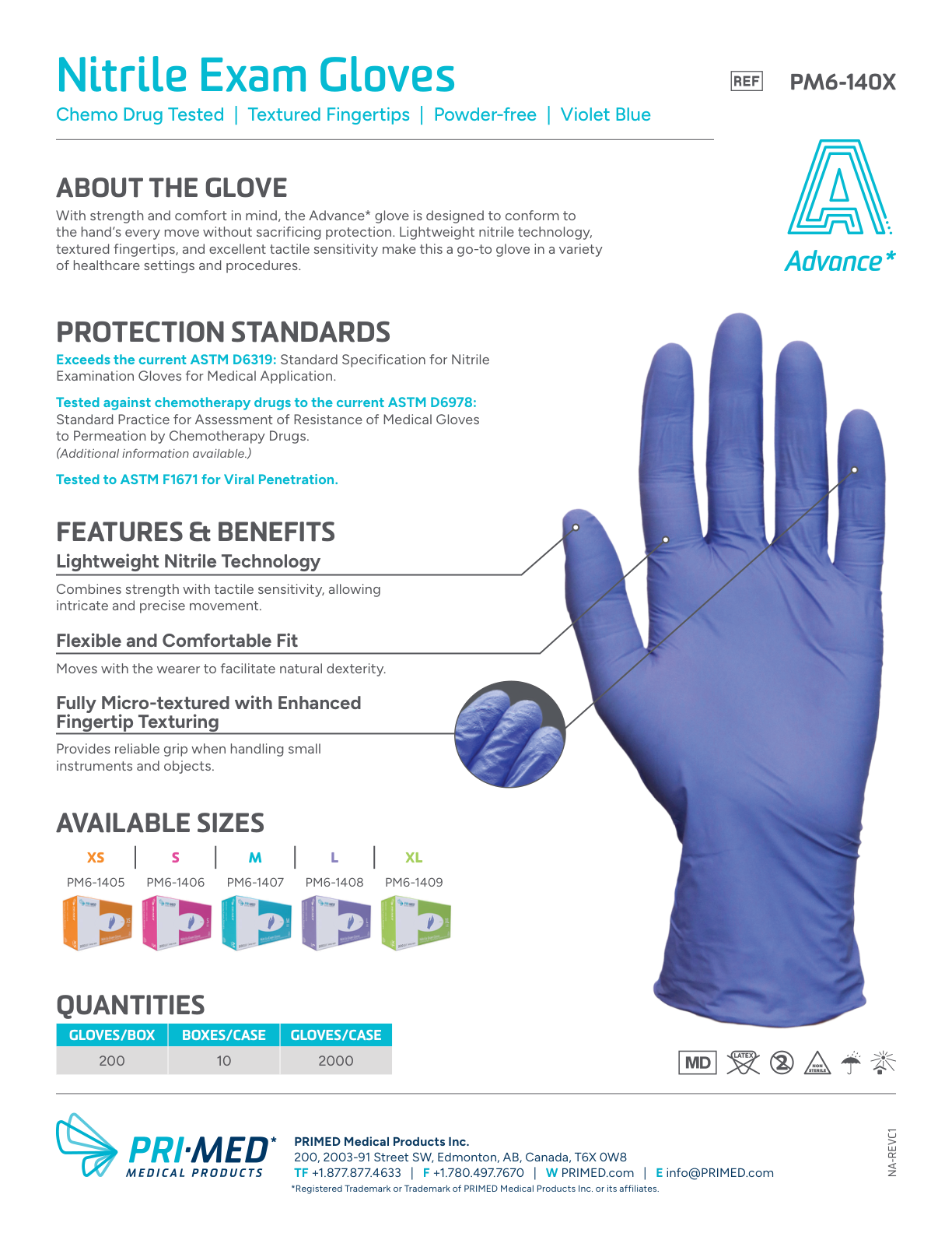 PRIMED Advance Nitrile Exam Gloves product information, protection standards and available sizes