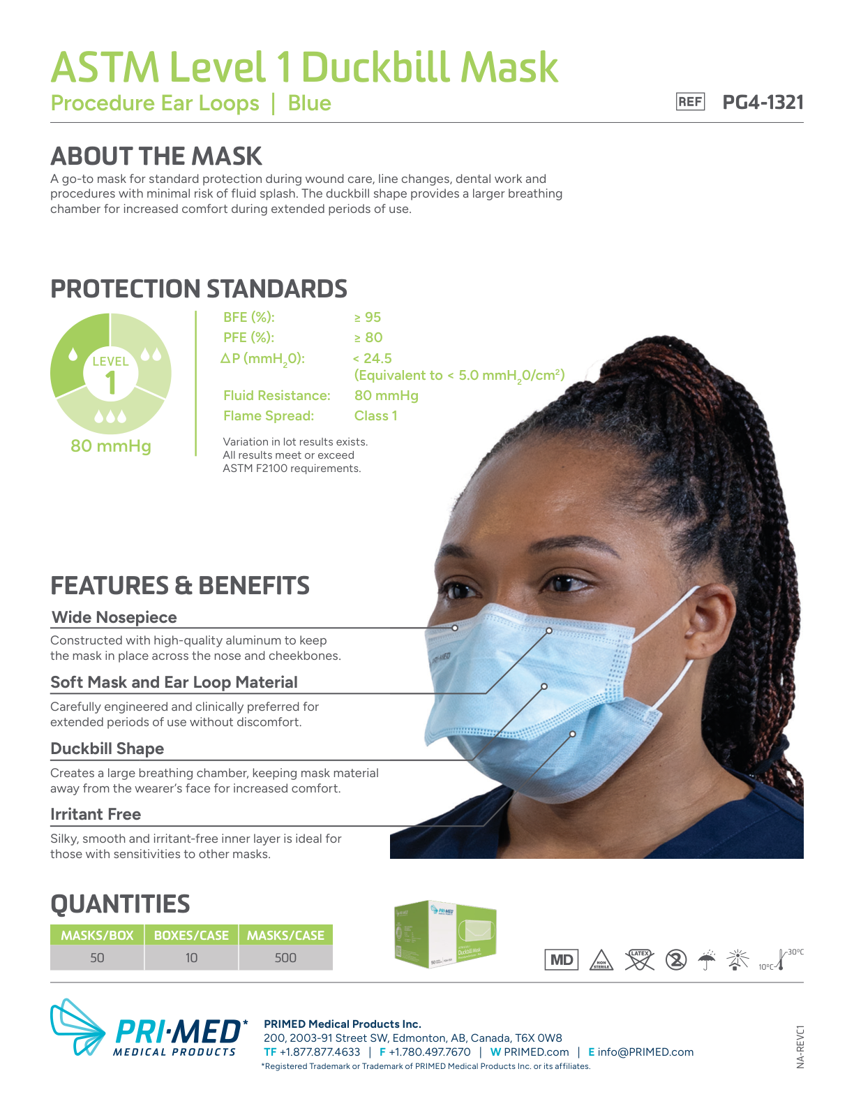 PRIMED ASTM Level 1 Duckbill Medical Face Mask PG4-1321 product information