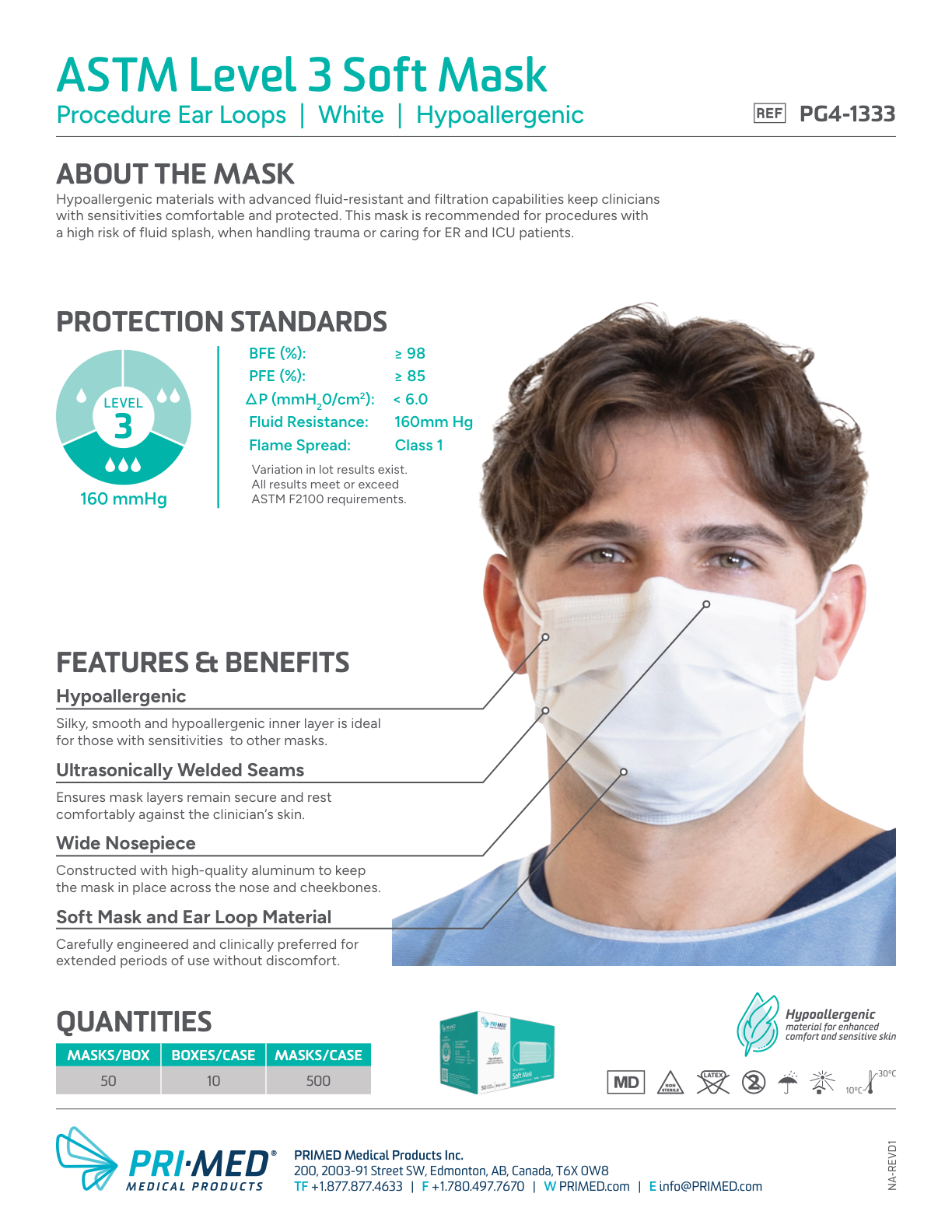 PRIMED ASTM Level 3 Soft Hypoallergenic White Medical Face Mask PG4-1333 product information