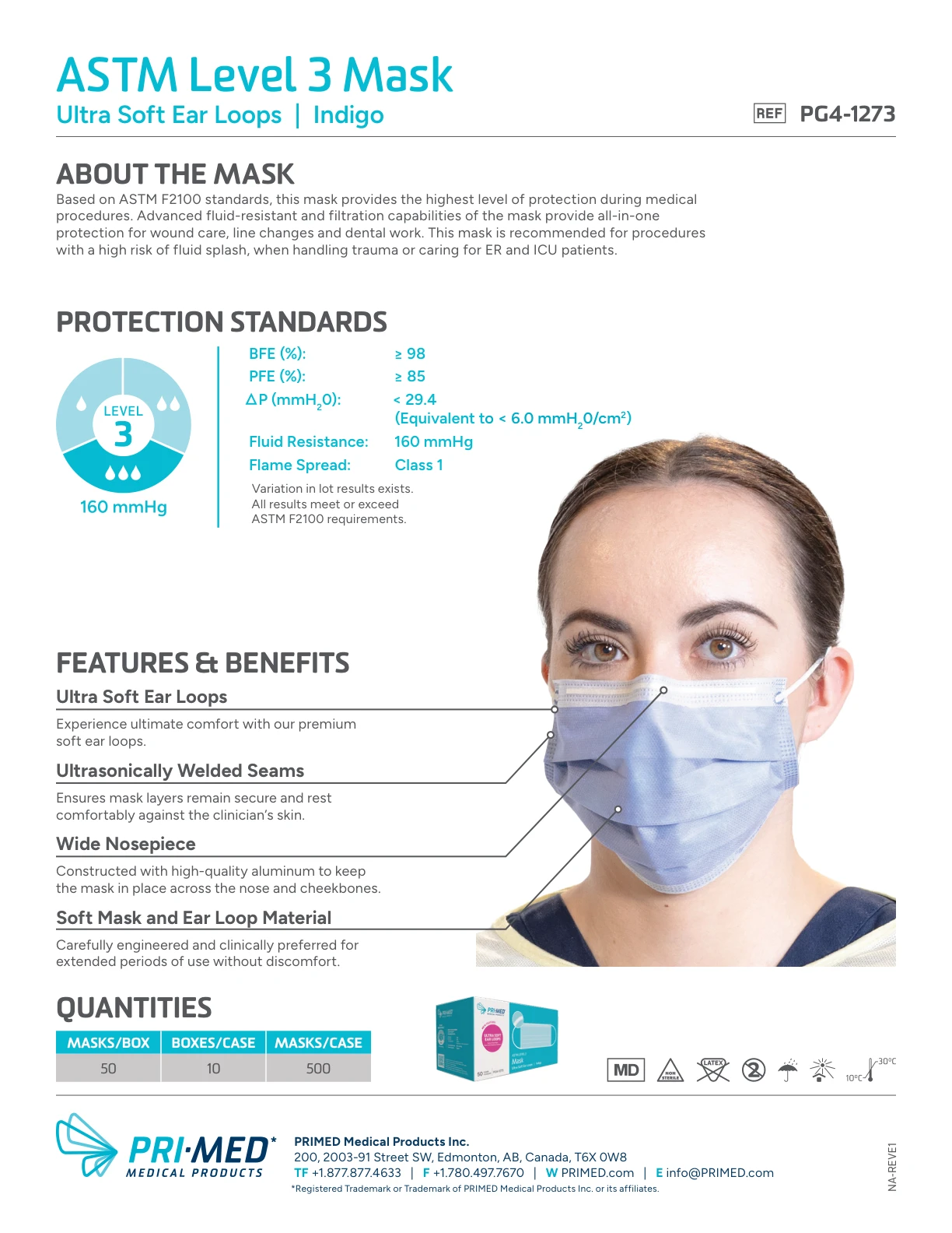 PRIMED ASTM Level 3 Indigo Medical Face Mask with Ultra Soft Ear Loops product information