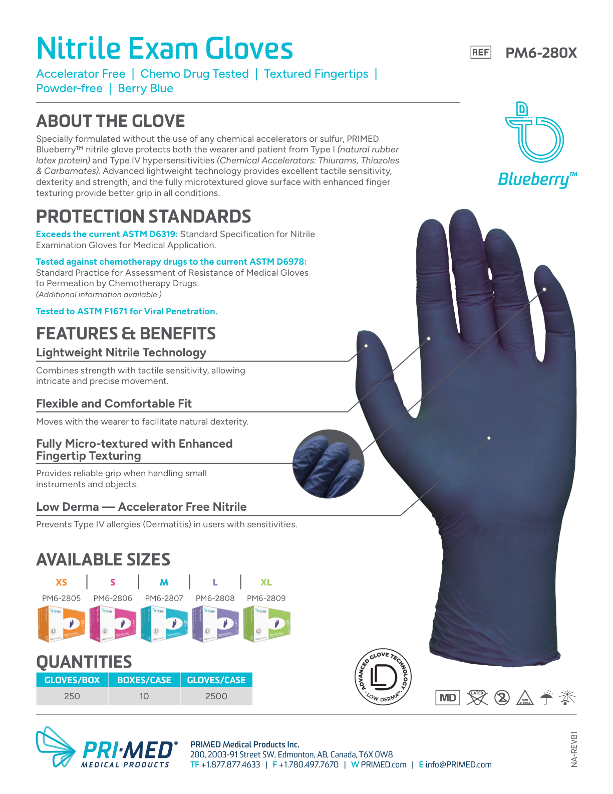 PRIMED Blueberry Accelerator-Free Nitrile Exam Gloves product information, protection standards and available sizes